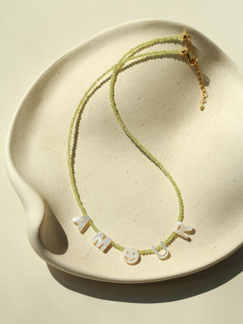 Customizable Smile Face Cat's Eye & Mother - of - Pearl Letter Necklace - floysun