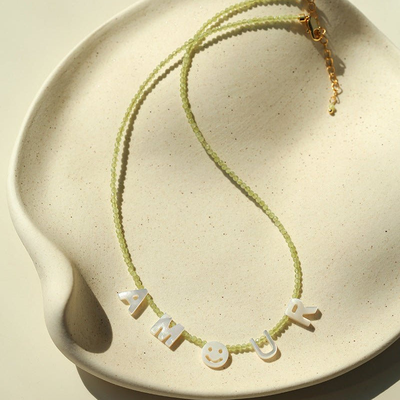 Customizable Smile Face Cat's Eye & Mother - of - Pearl Letter Necklace - floysun