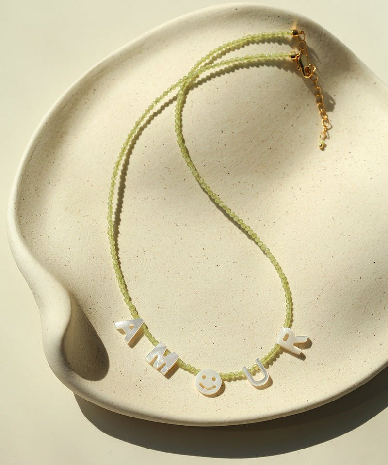 Customizable Smile Face Cat's Eye & Mother - of - Pearl Letter Necklace - floysun