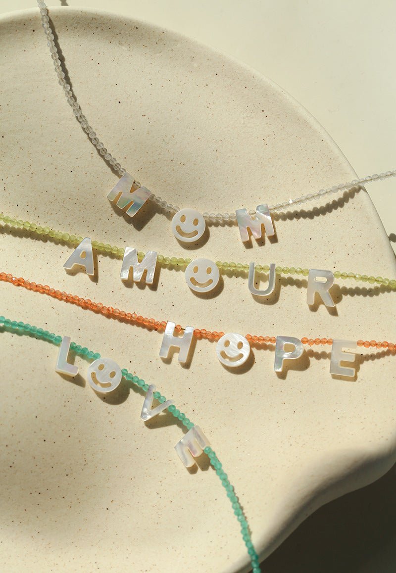 Customizable Smile Face Cat's Eye & Mother - of - Pearl Letter Necklace - floysun