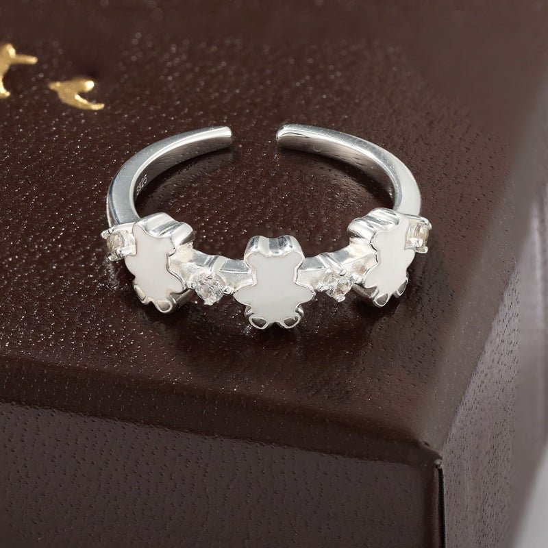 Cute White Enamel Teddy Bear Open Adjustable Ring - floysun