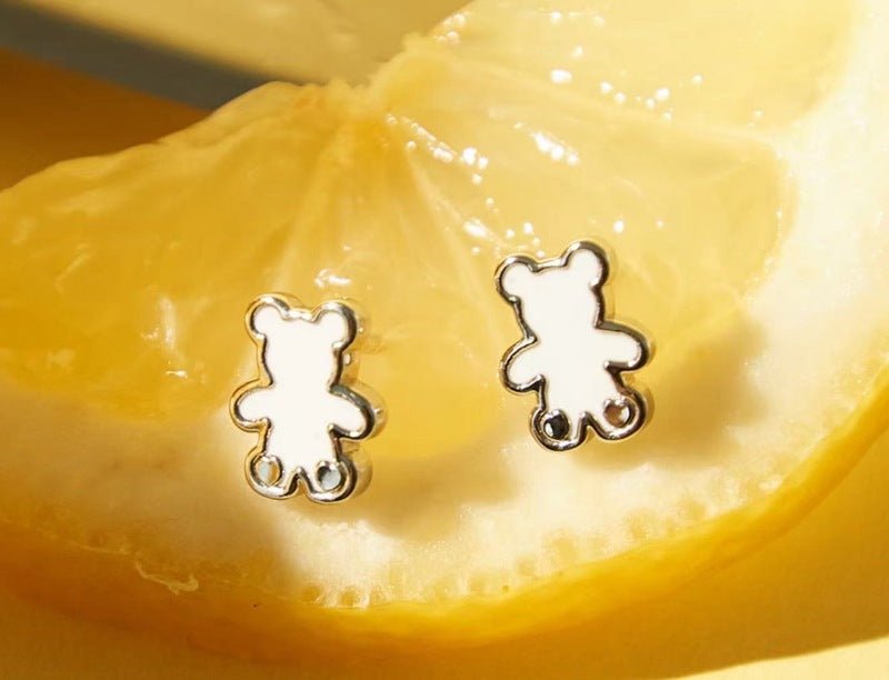 Cute White Enamel Teddy Bear Stud Earrings - floysun