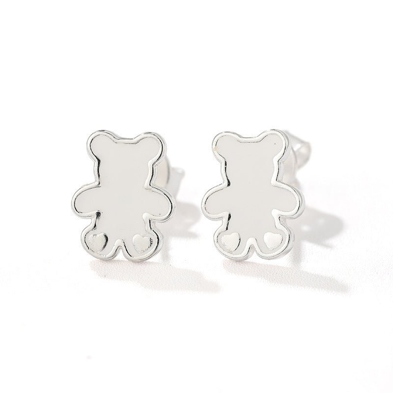 Cute White Enamel Teddy Bear Stud Earrings - floysun