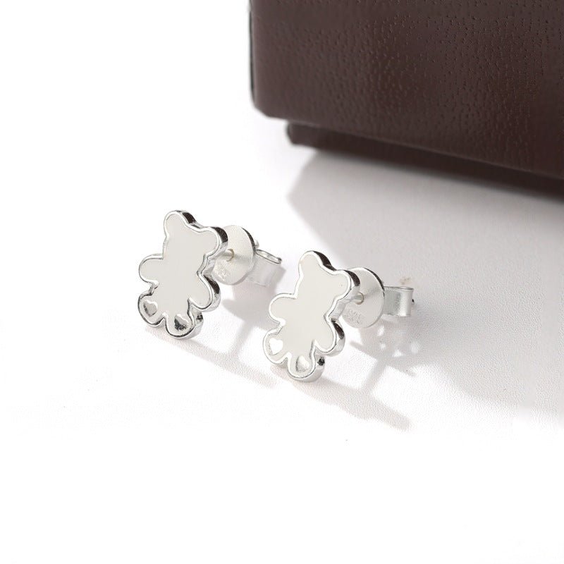 Cute White Enamel Teddy Bear Stud Earrings - floysun