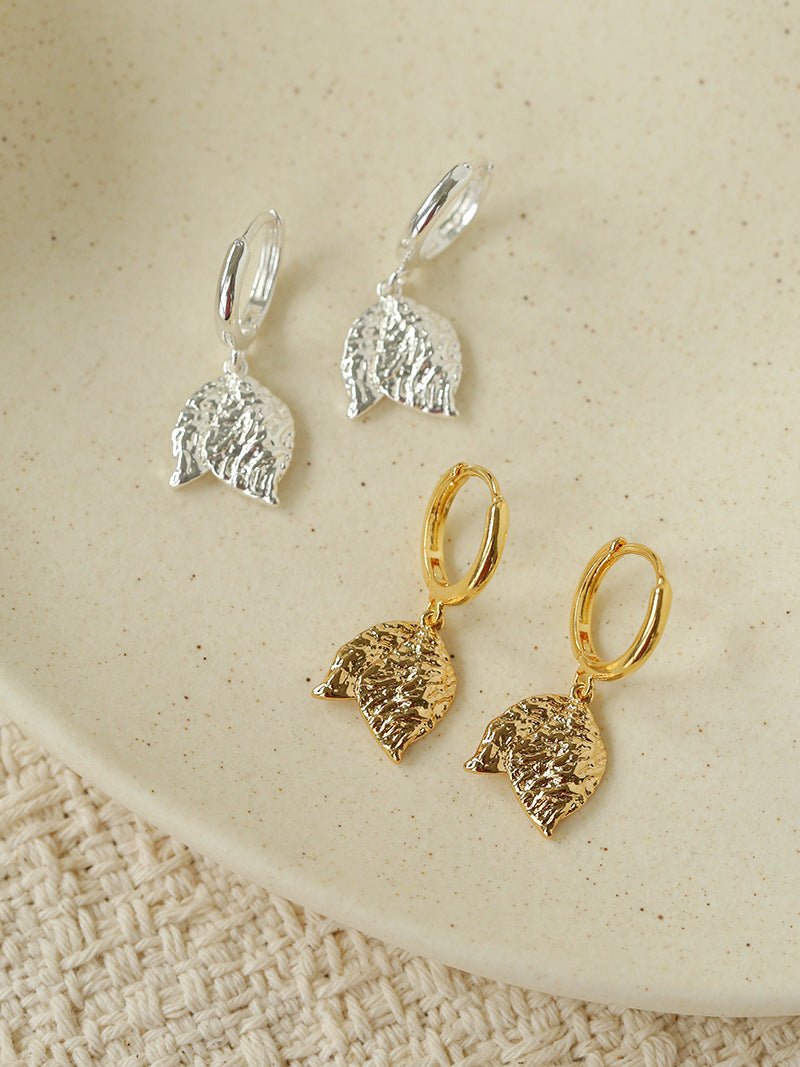 Dainty Dangling Tulip Huggie Hoop Earrings - Vintage Hammered Metal Floral Charm Hoops - floysun