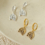 Dainty Dangling Tulip Huggie Hoop Earrings - Vintage Hammered Metal Floral Charm Hoops - floysun