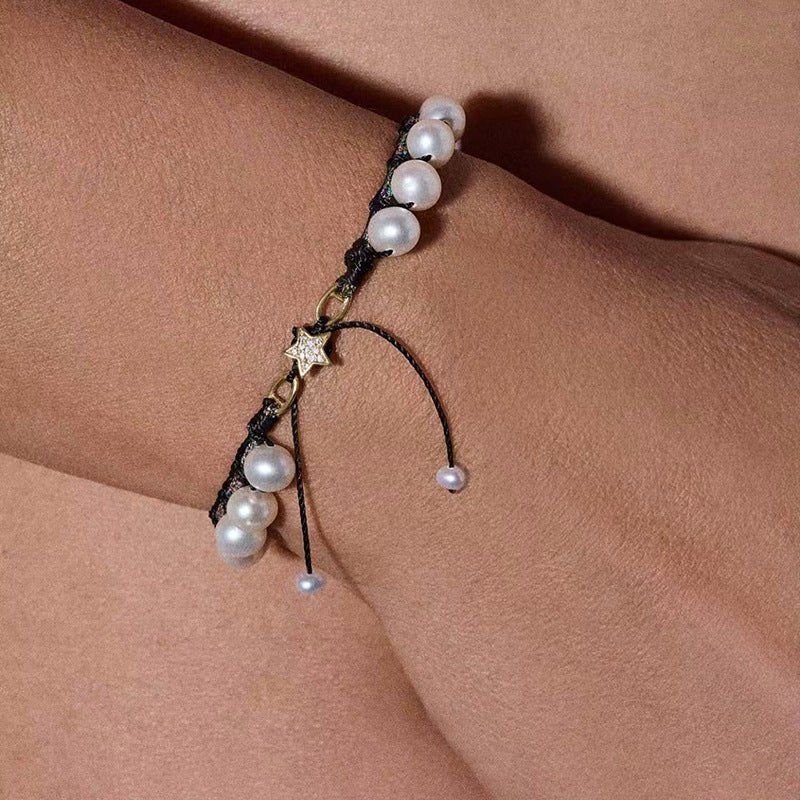 Dainty Star Adjustable Cord Pearl Bracelet - Handcrafted Celestial Cord Charm Bangle - floysun