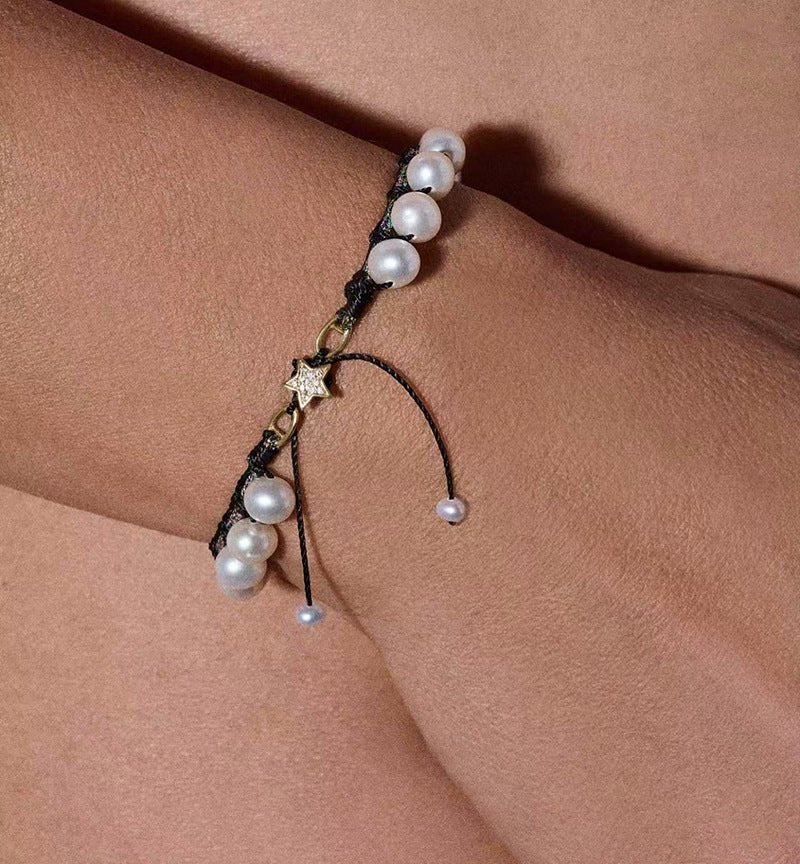 Dainty Star Adjustable Cord Pearl Bracelet - Handcrafted Celestial Cord Charm Bangle - floysun