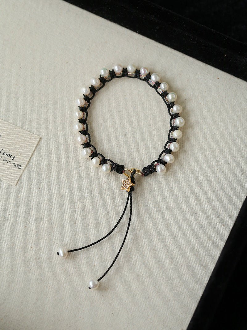 Dainty Star Adjustable Cord Pearl Bracelet - Handcrafted Celestial Cord Charm Bangle - floysun