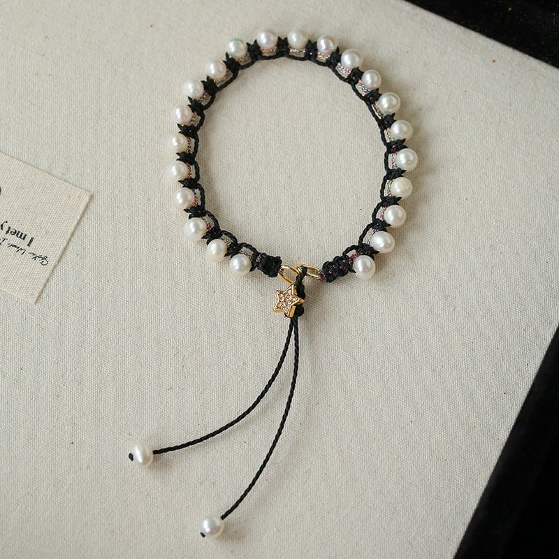 Dainty Star Adjustable Cord Pearl Bracelet - Handcrafted Celestial Cord Charm Bangle - floysun