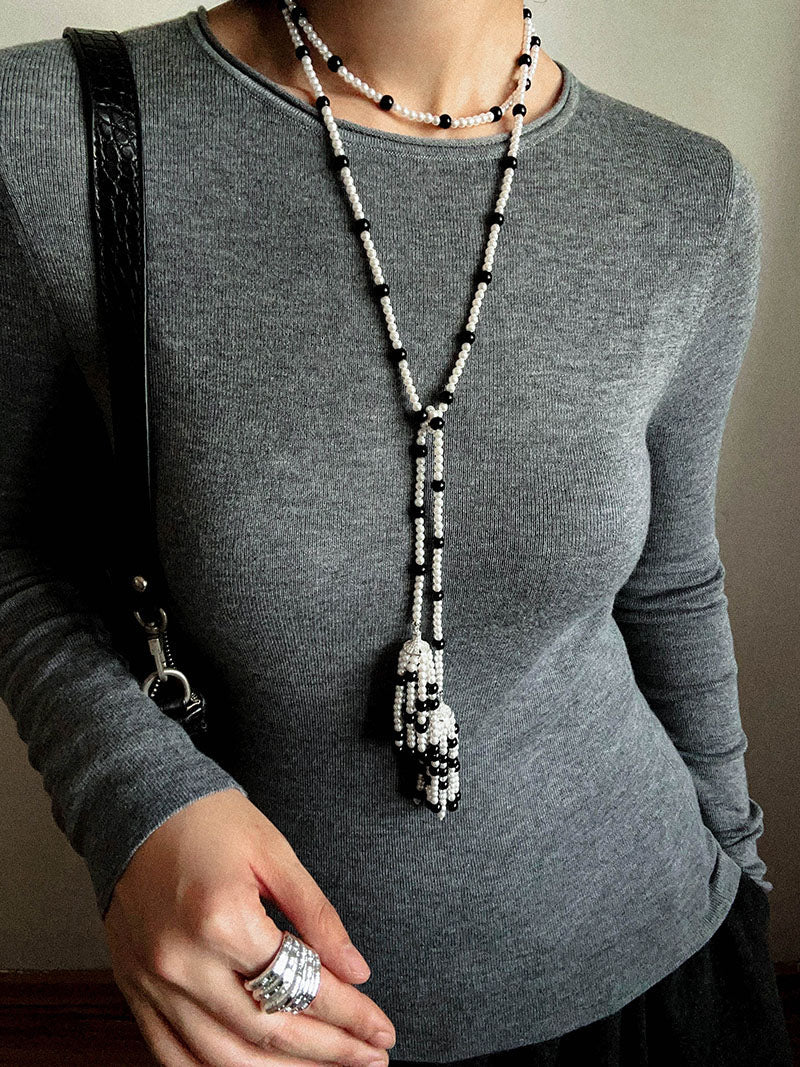 Dark Elegance Pearl & Onyx Double Tassel Necklace - floysun