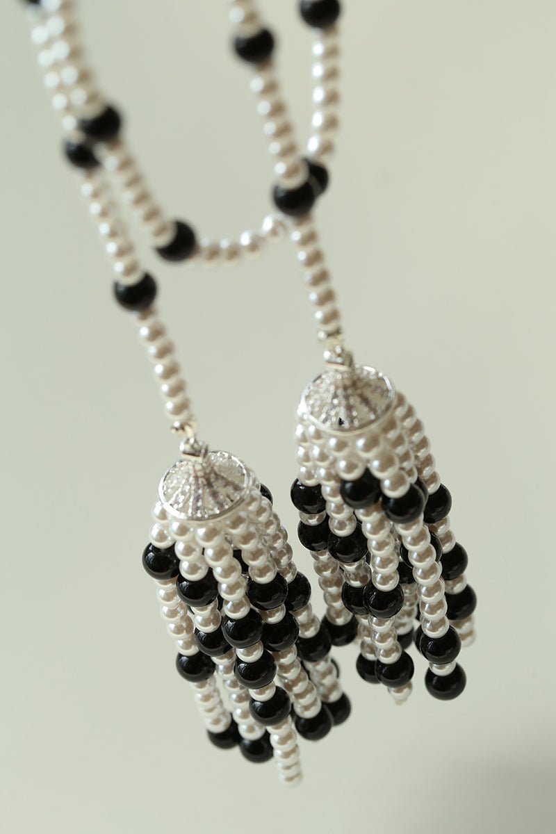 Dark Elegance Pearl & Onyx Double Tassel Necklace - floysun
