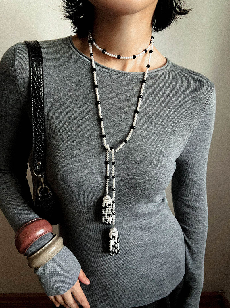 Dark Elegance Pearl & Onyx Double Tassel Necklace - floysun