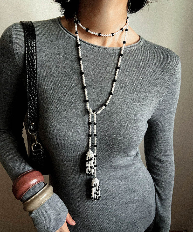 Dark Elegance Pearl & Onyx Double Tassel Necklace - floysun