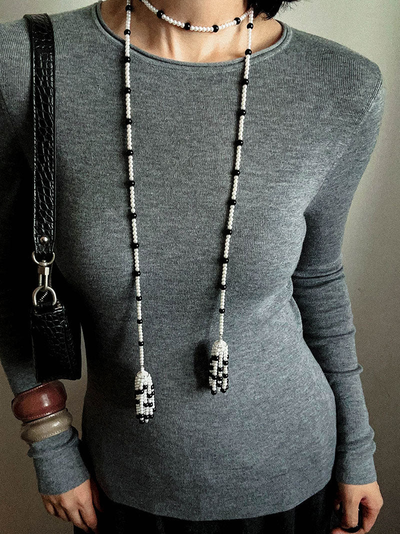 Dark Elegance Pearl & Onyx Double Tassel Necklace - floysun