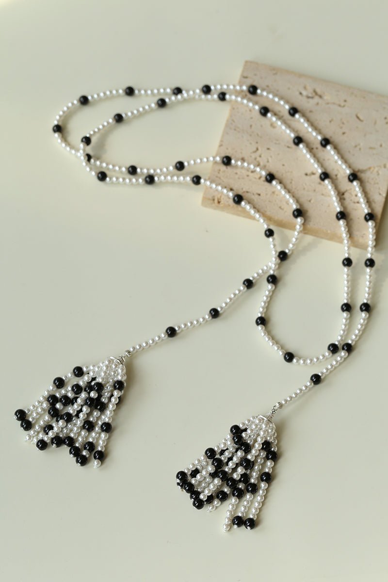 Dark Elegance Pearl & Onyx Double Tassel Necklace - floysun