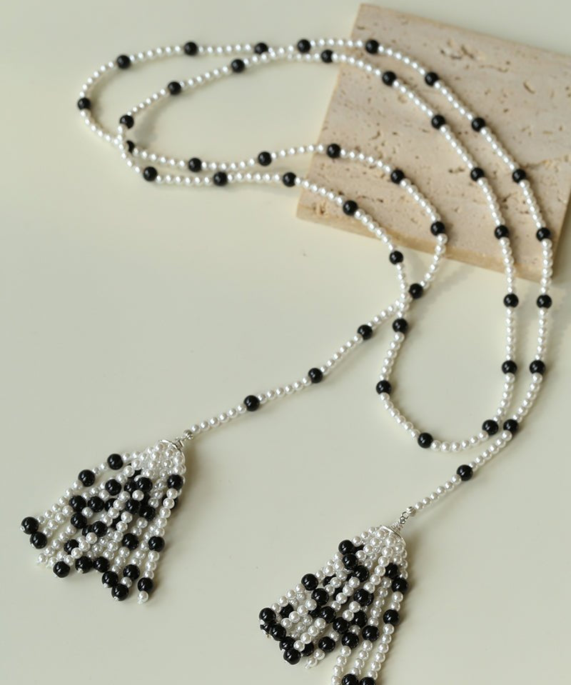 Dark Elegance Pearl & Onyx Double Tassel Necklace - floysun