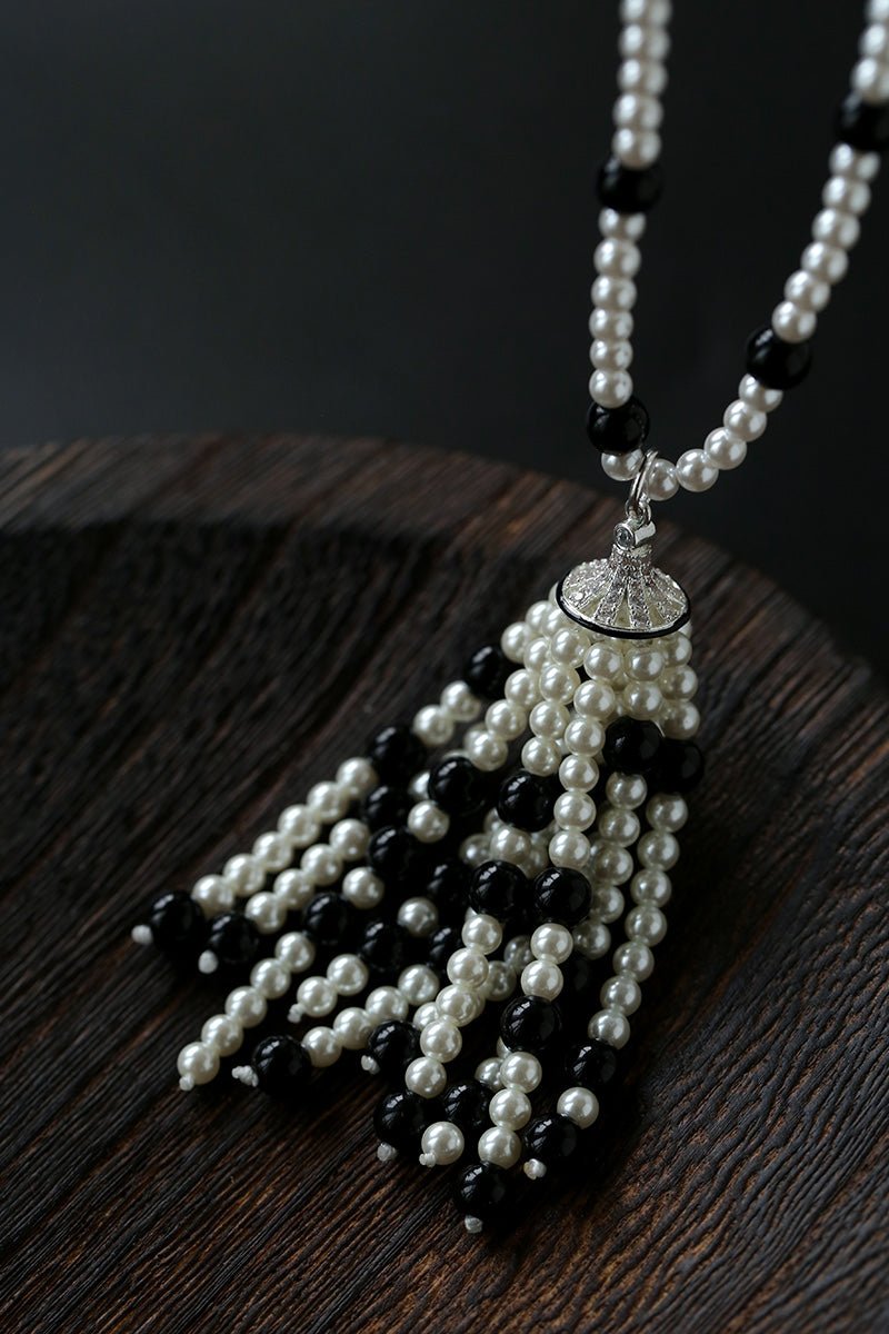 Dark Elegance Pearl & Onyx Single Tassel Necklace - floysun