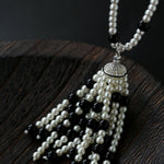 Dark Elegance Pearl & Onyx Single Tassel Necklace - floysun