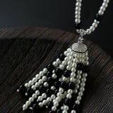 Dark Elegance Pearl & Onyx Single Tassel Necklace - floysun