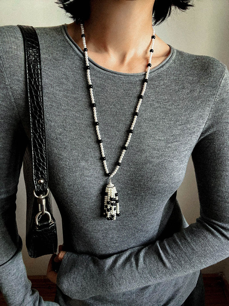 Dark Elegance Pearl & Onyx Single Tassel Necklace - floysun