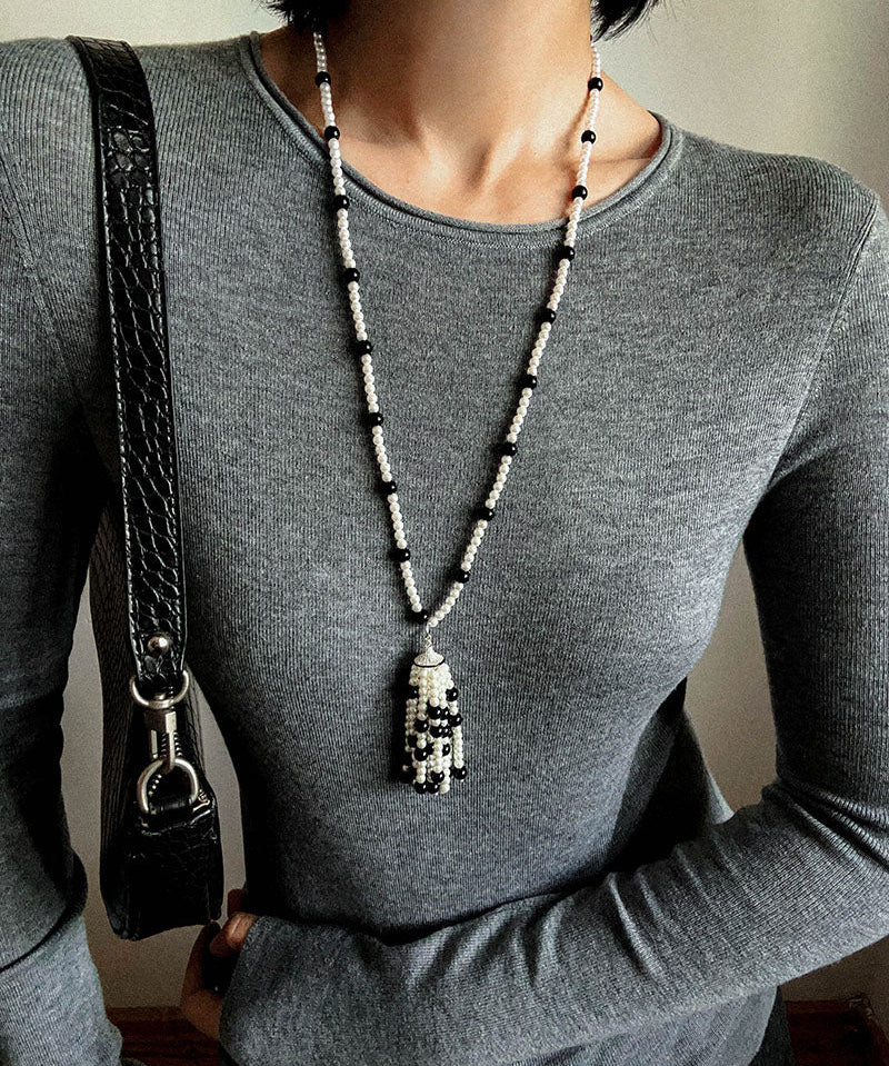 Dark Elegance Pearl & Onyx Single Tassel Necklace - floysun