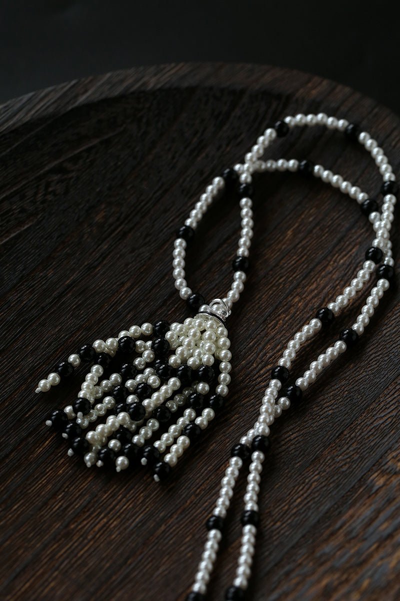 Dark Elegance Pearl & Onyx Single Tassel Necklace - floysun