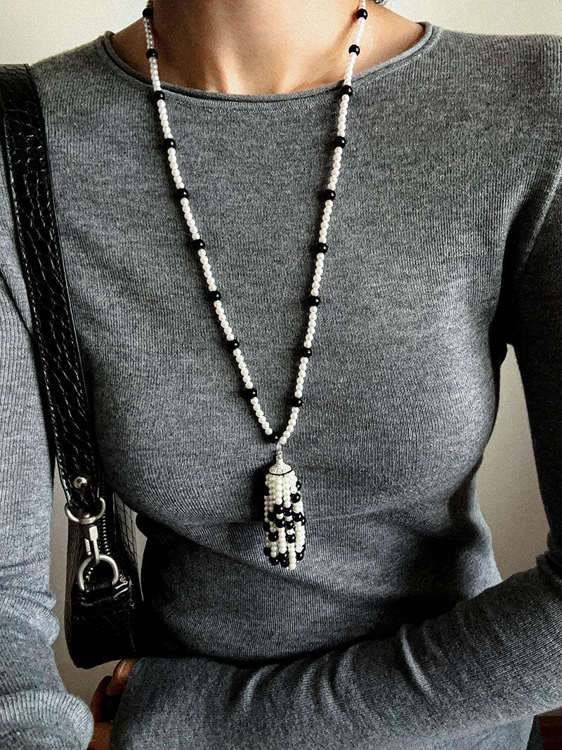 Dark Elegance Pearl & Onyx Single Tassel Necklace - floysun