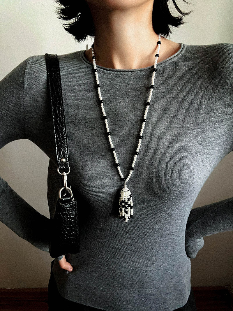Dark Elegance Pearl & Onyx Single Tassel Necklace - floysun