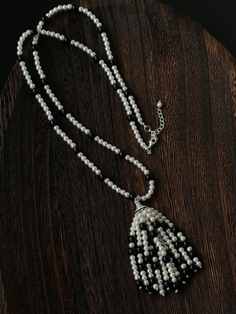 Dark Elegance Pearl & Onyx Single Tassel Necklace - floysun