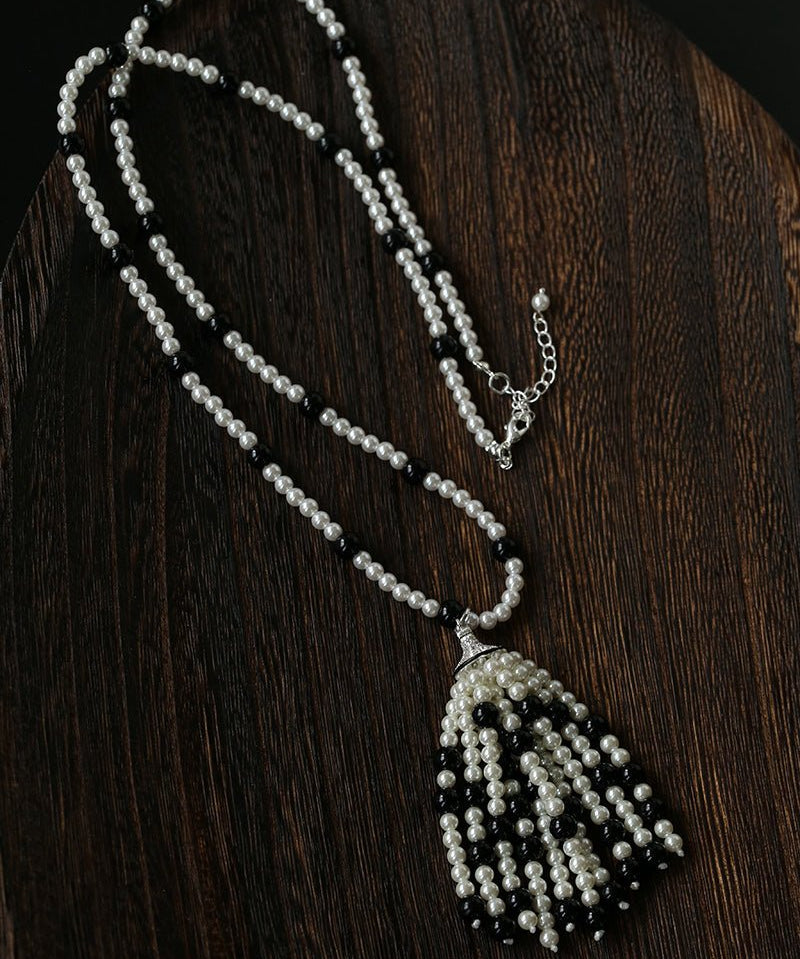 Dark Elegance Pearl & Onyx Single Tassel Necklace - floysun