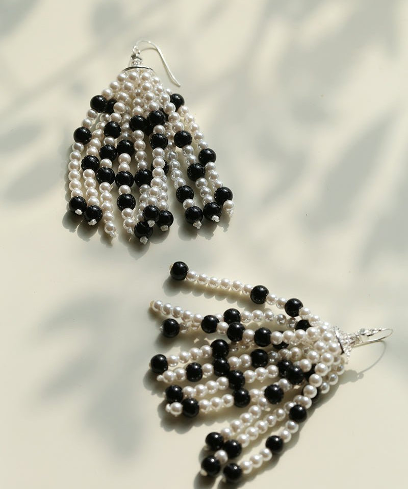 Dark Elegance Pearl & Onyx Tassel Earrings - floysun