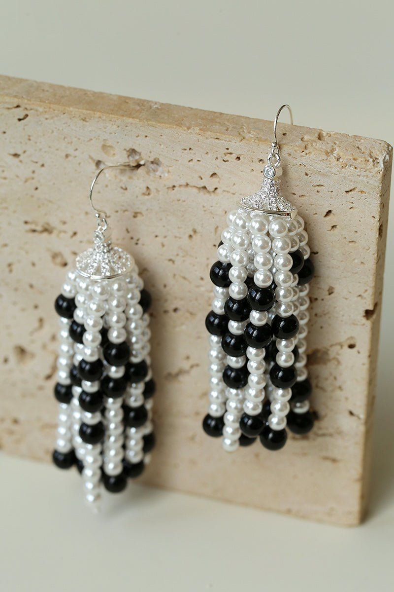Dark Elegance Pearl & Onyx Tassel Earrings - floysun