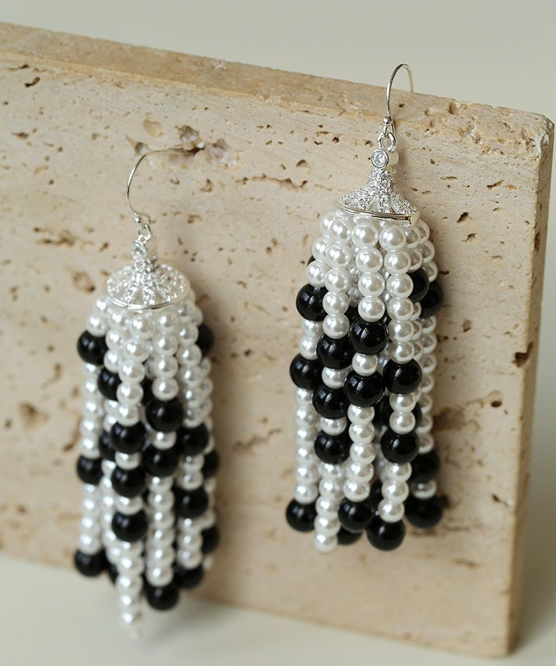 Dark Elegance Pearl & Onyx Tassel Earrings - floysun