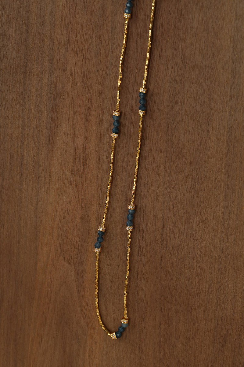 Dark Natural Stone & Gold Beaded Long Necklace - floysun