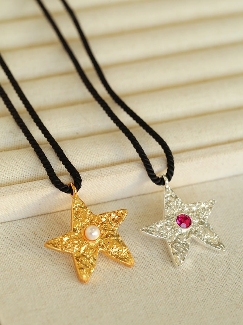 Dazzling Stars Pentagram Planet Element Necklace Black Rope Style - floysun
