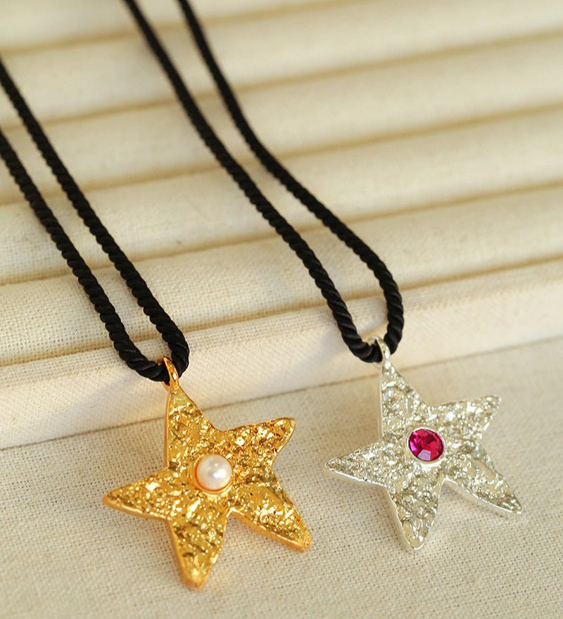 Dazzling Stars Pentagram Planet Element Necklace Black Rope Style - floysun