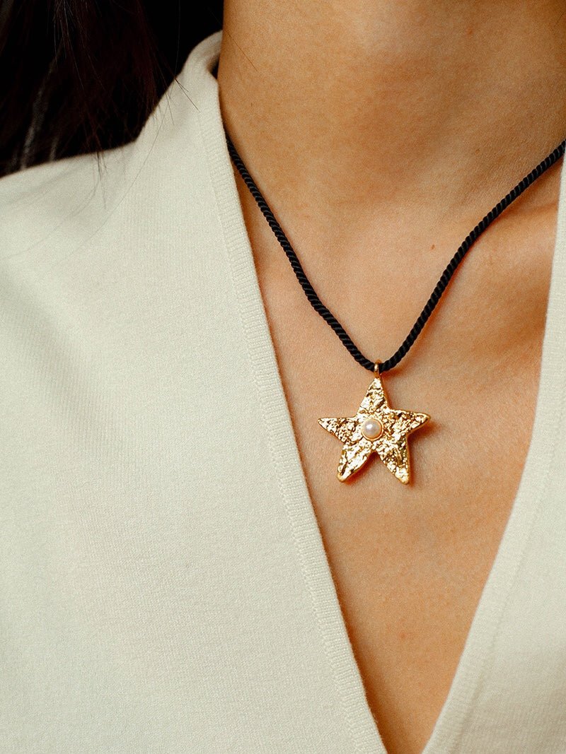 Dazzling Stars Pentagram Planet Element Necklace Black Rope Style - floysun