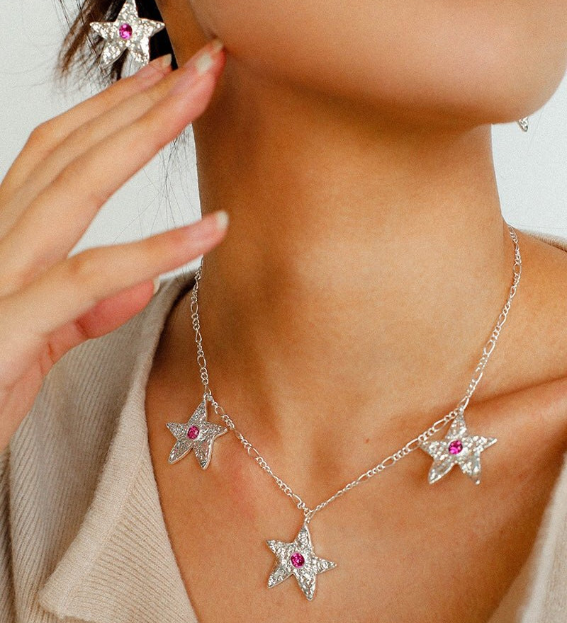 Dazzling Stars Pentagram Planet Element Necklace Silver - floysun