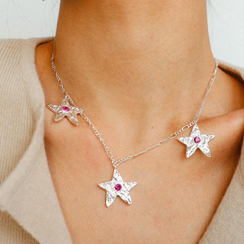 Dazzling Stars Pentagram Planet Element Necklace Silver - floysun
