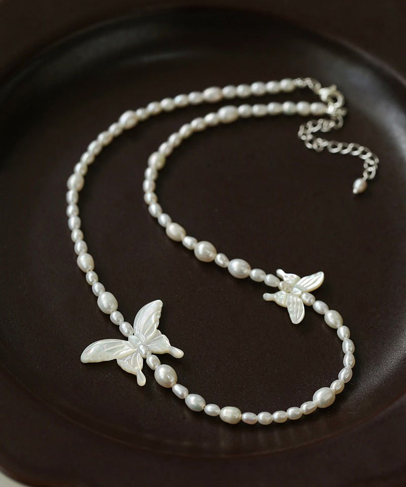 Delicate Mother of Pearls Black Butterfly Black Spinel Pearl Beaded Necklace - floysun