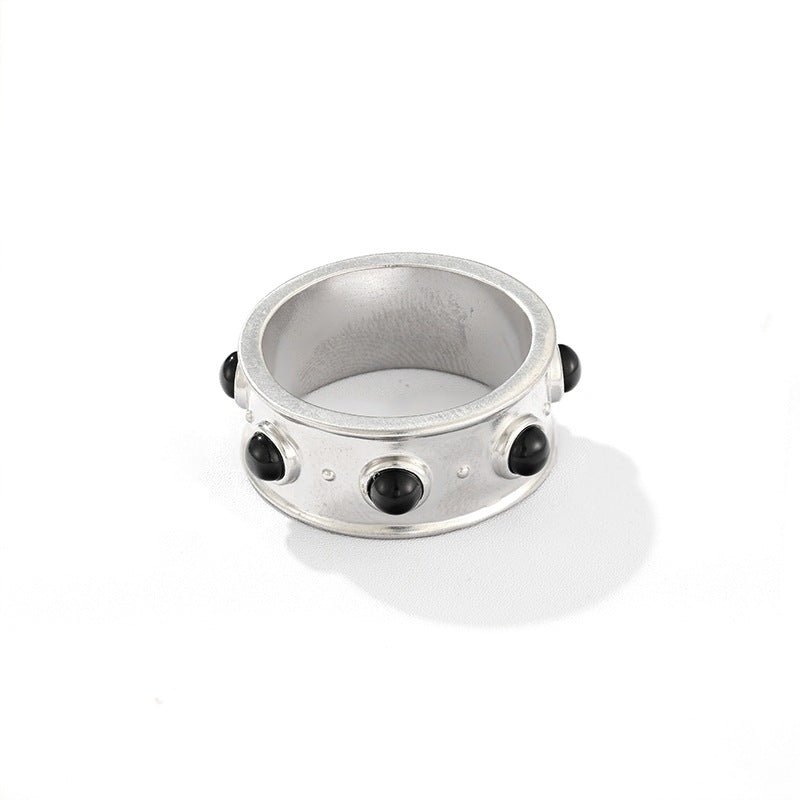 Designer Curved Black Onyx & Deer Antler Stone Band Ring - floysun