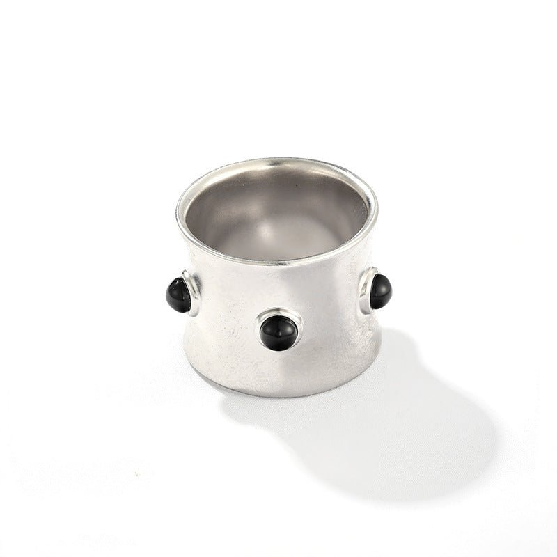 Designer Curved Black Onyx & Deer Antler Stone Band Ring - floysun