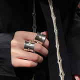 Designer Curved Black Onyx & Deer Antler Stone Band Ring - floysun