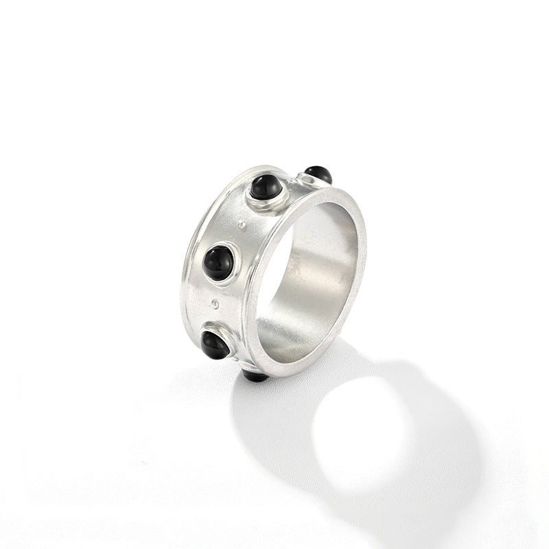 Designer Curved Black Onyx & Deer Antler Stone Band Ring - floysun