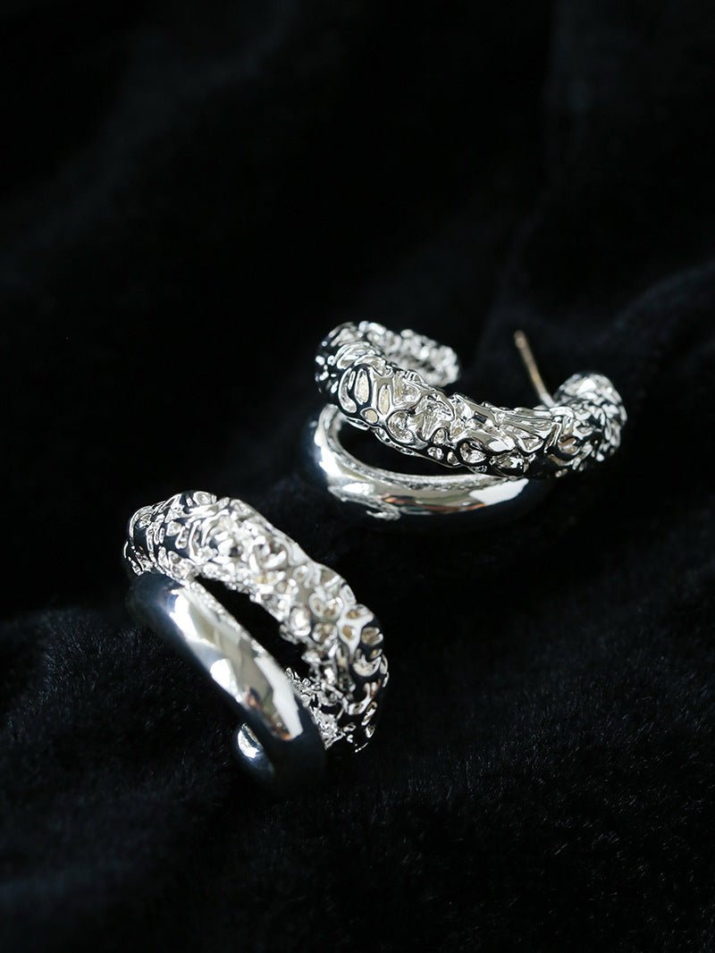 Designer Premium Dual Band Lava Textured Hoop Earrings - floysun