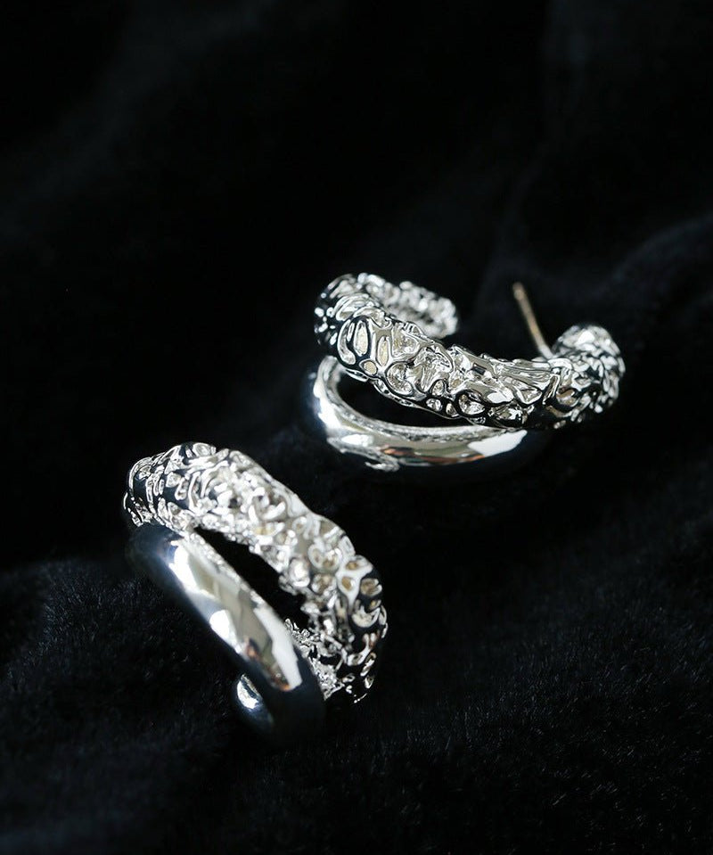 Designer Premium Dual Band Lava Textured Hoop Earrings - floysun
