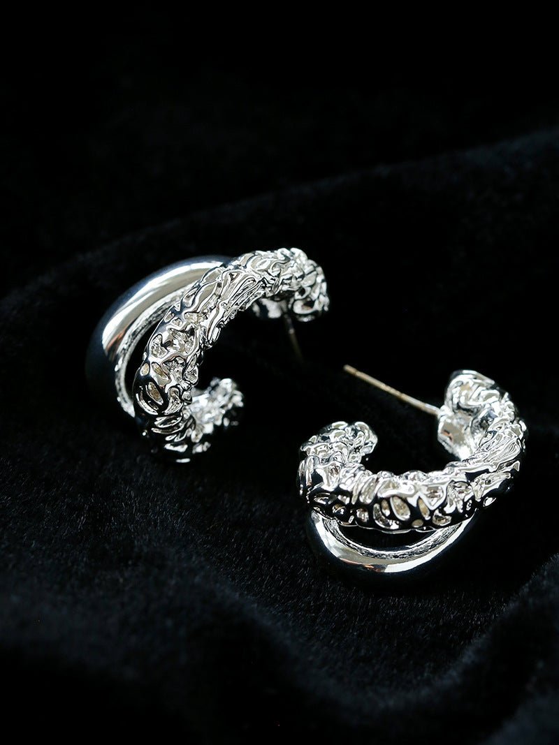 Designer Premium Dual Band Lava Textured Hoop Earrings - floysun