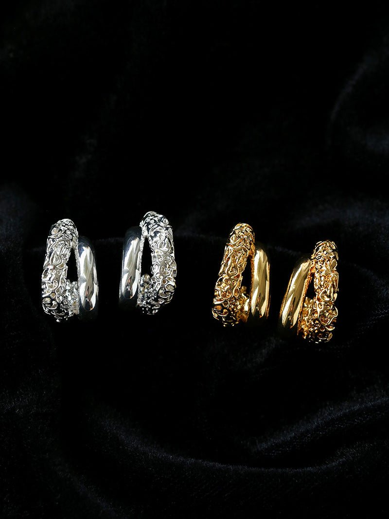 Designer Premium Dual Band Lava Textured Hoop Earrings - floysun