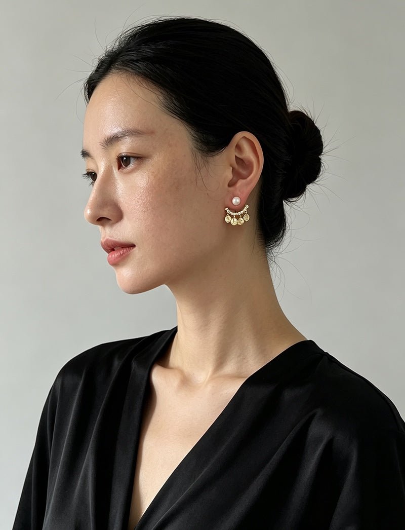 Detachable Freshwater Pearl Hammered Coin Ear Jacket Earrings - floysun